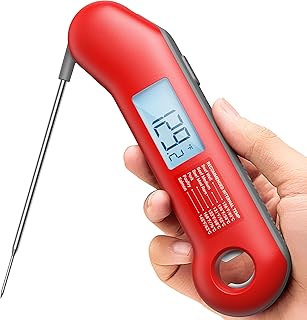 Red ThermoMaven digital meat thermometer held by a hand, displaying a temperature reading.